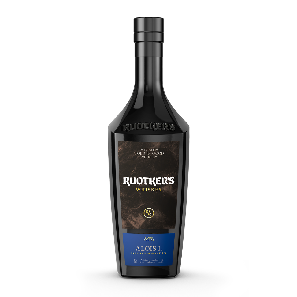 DAVID GÖLLES Ruotkers Alois I Whiskey in schwarzer Flasche mit dunklem Etikett, im Eichenfass gereift.