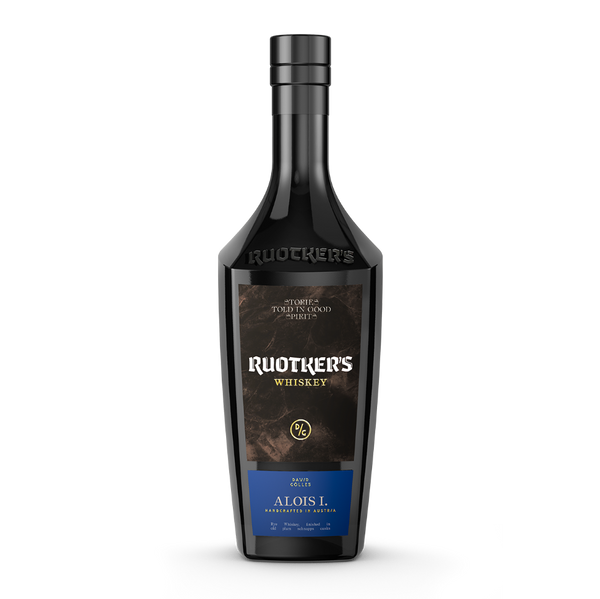 DAVID GÖLLES Ruotkers Alois I Whiskey in schwarzer Flasche mit dunklem Etikett, im Eichenfass gereift.