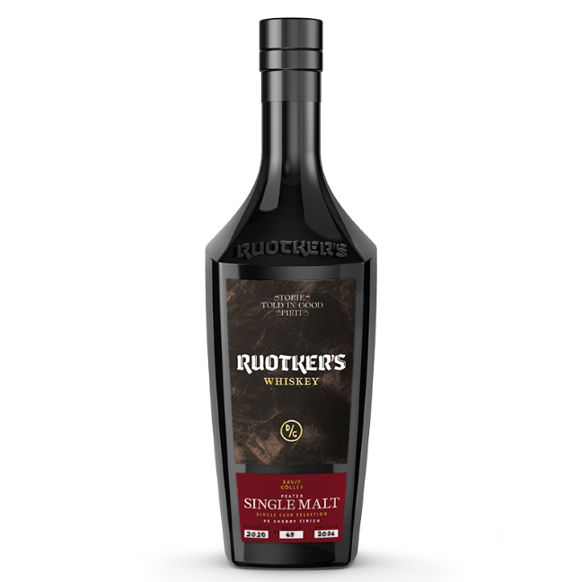 DAVID GÖLLES Ruotkers Peated Single Malt in schwarzer Flasche, Etikett mit Hinweis auf PX-Sherry-Fass.