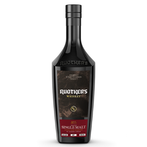 DAVID GÖLLES Ruotkers Peated Single Malt in schwarzer Flasche, Etikett mit Hinweis auf PX-Sherry-Fass.
