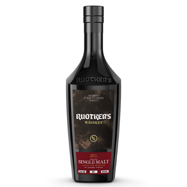 DAVID GÖLLES Ruotkers Peated Single Malt in schwarzer Flasche, Etikett mit Hinweis auf PX-Sherry-Fass.