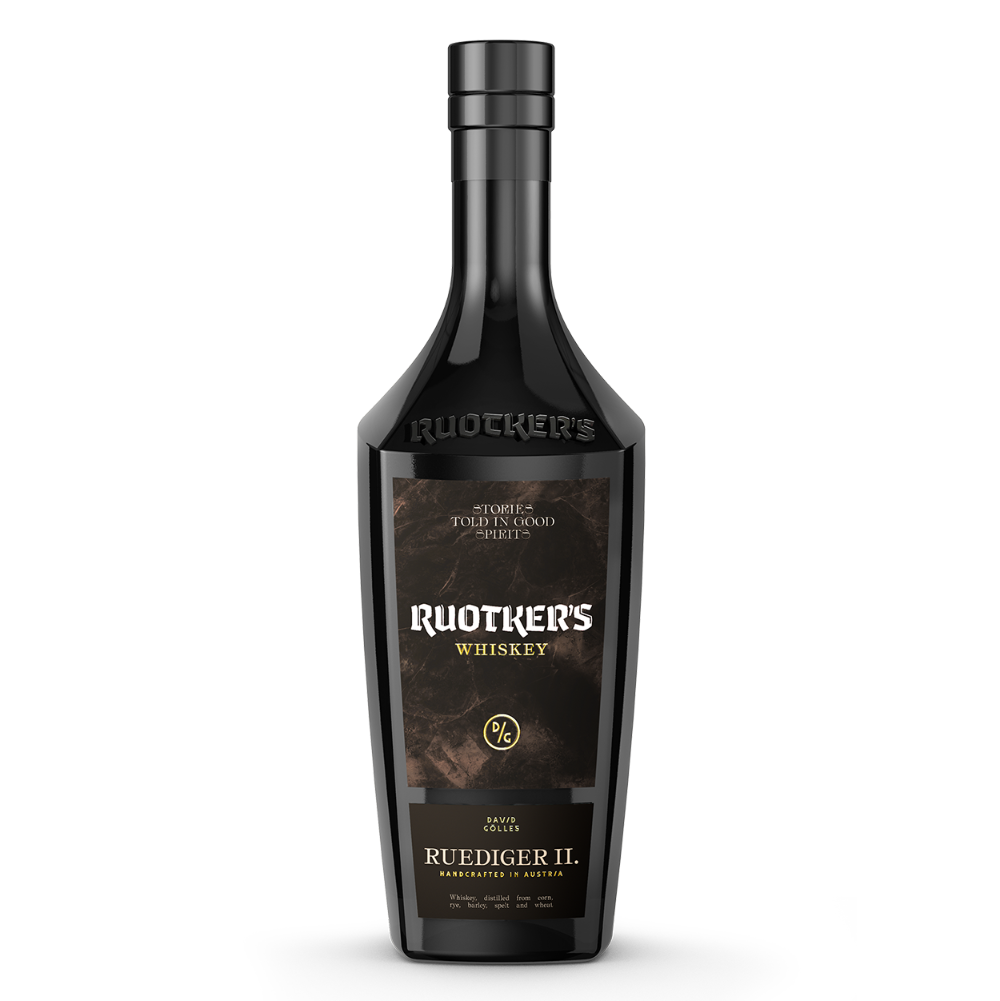 DAVID GÖLLES Ruotkers Rüdiger II Whiskey in schwarzer Flasche mit dunklem Etikett und rundem Emblem.