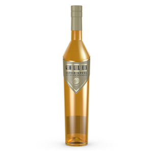 Gölles Apfelbrand Alter Apfel, goldgelb, in hoher Flasche mit spitzem Metalletikett.