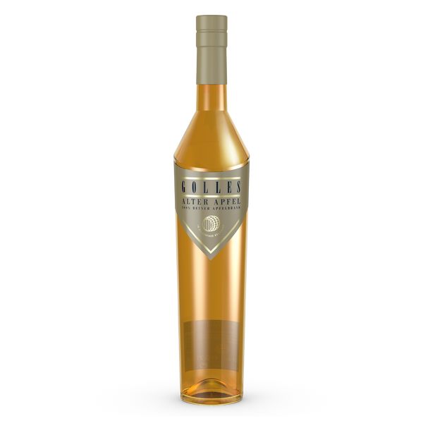 Gölles Apfelbrand Alter Apfel, goldgelb, in hoher Flasche mit spitzem Metalletikett.