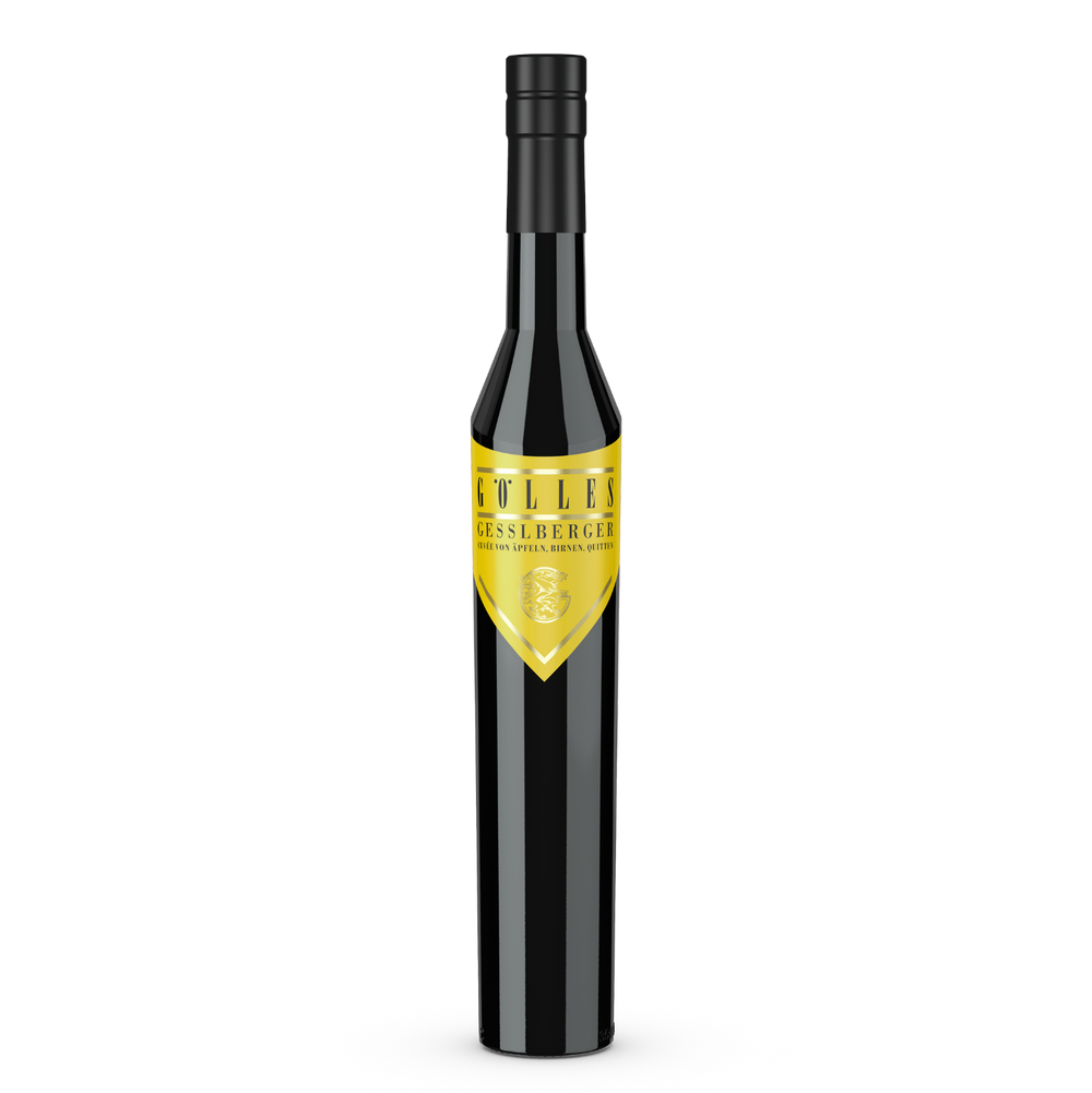 Gölles Gesslberger Cuvée in hoher schwarzer Flasche mit gelbem Schildetikett und schwarzem Verschluss.