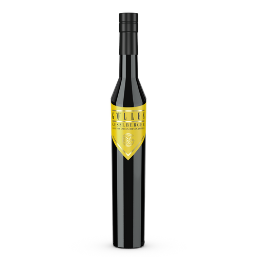 Gölles Gesslberger Cuvée in hoher schwarzer Flasche mit gelbem Schildetikett und schwarzem Verschluss.