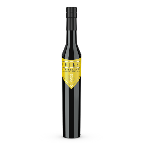 Gölles Gesslberger Cuvée in hoher schwarzer Flasche mit gelbem Schildetikett und schwarzem Verschluss.