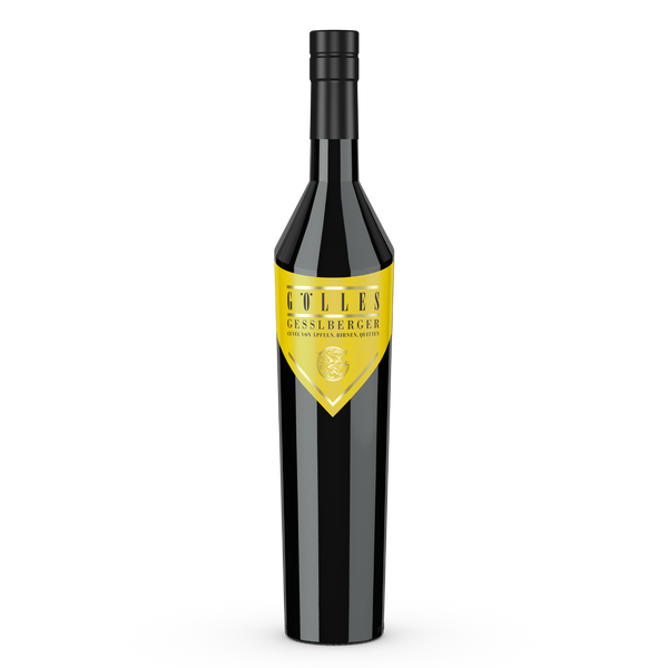 Gölles Gesslberger Cuvée in schmaler schwarzer Flasche mit goldenem Etikett, schwarzer Schrift und Siegel.