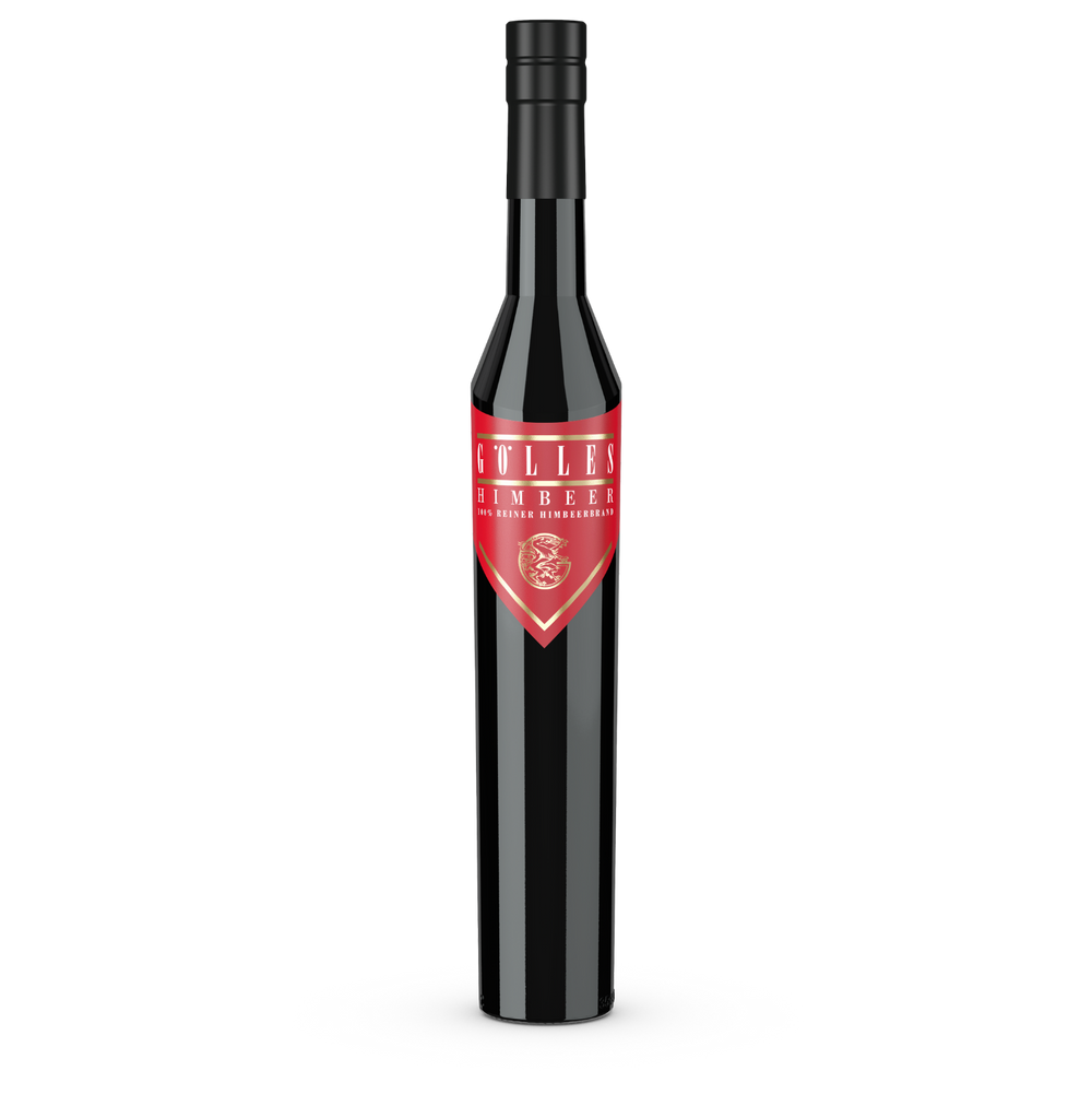Gölles Himbeerbrand in schlanker dunkler Flasche mit rotem Etikett und schwarzem Verschluss.