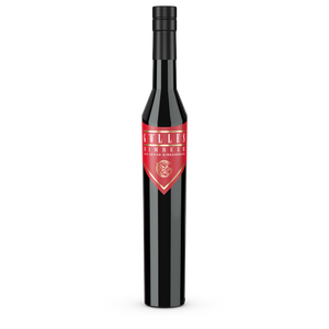 Gölles Himbeerbrand in schlanker dunkler Flasche mit rotem Etikett und schwarzem Verschluss.