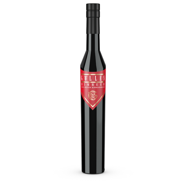 Gölles Himbeerbrand in schlanker dunkler Flasche mit rotem Etikett und schwarzem Verschluss.