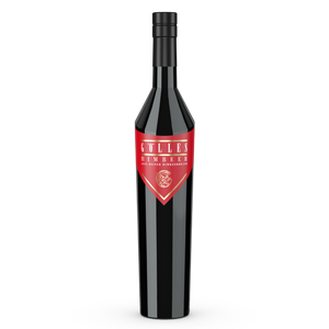 Gölles Himbeerbrand in hoher schwarzer Flasche mit spitzem rotem Etikett und rundem Emblem.