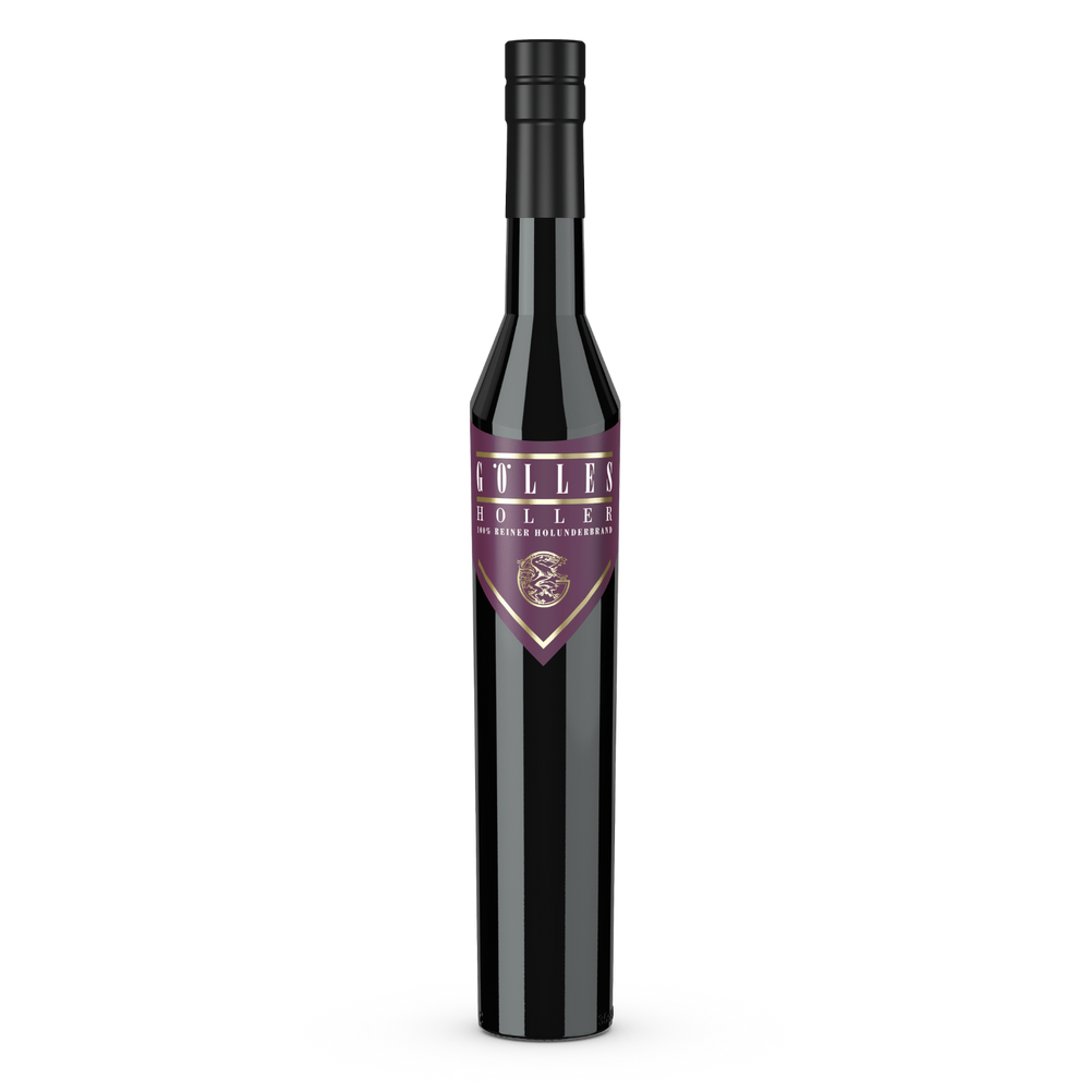 Gölles Hollerbrand in hoher dunkler Flasche mit violettem Schildetikett und schwarzem Verschluss.