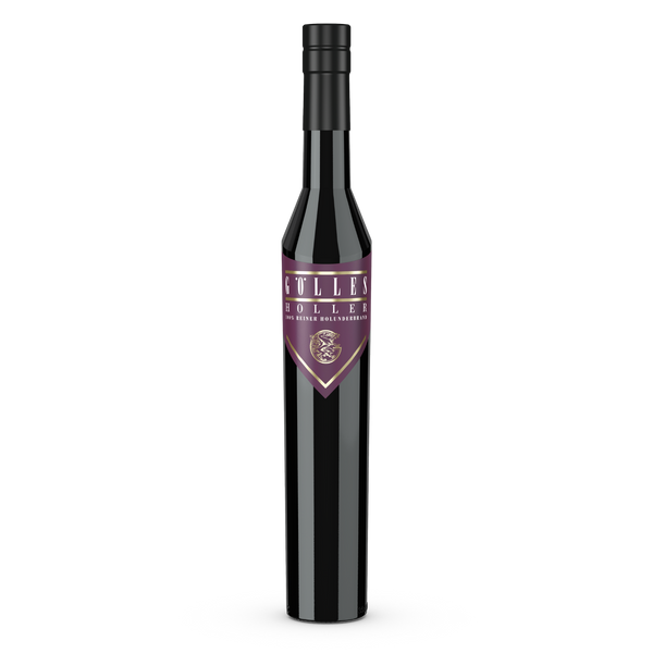 Gölles Hollerbrand in hoher dunkler Flasche mit violettem Schildetikett und schwarzem Verschluss.