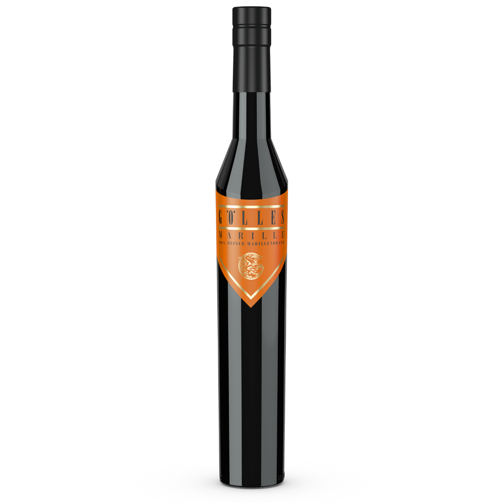 Gölles Marillenbrand in schwarzer Glasflasche mit orangefarbenem Etikett.