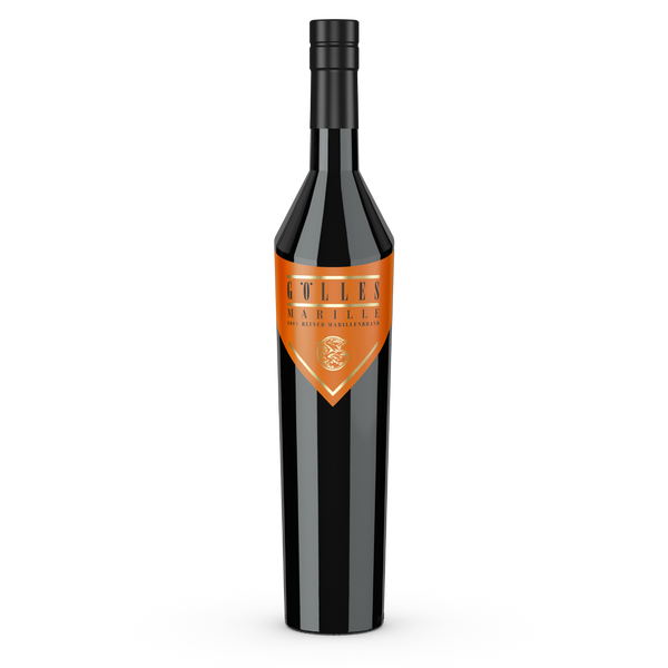 Gölles Marillenbrand in schwarzer Flasche mit orangefarbenem Etikett und Markenschriftzug.