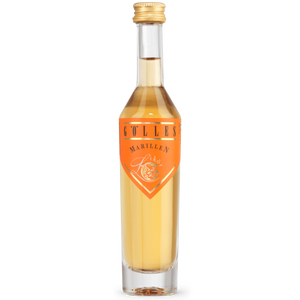 Gölles Marillen Likör in schmaler Glasflasche mit orangefarbenem Etikett und goldener Schrift.
