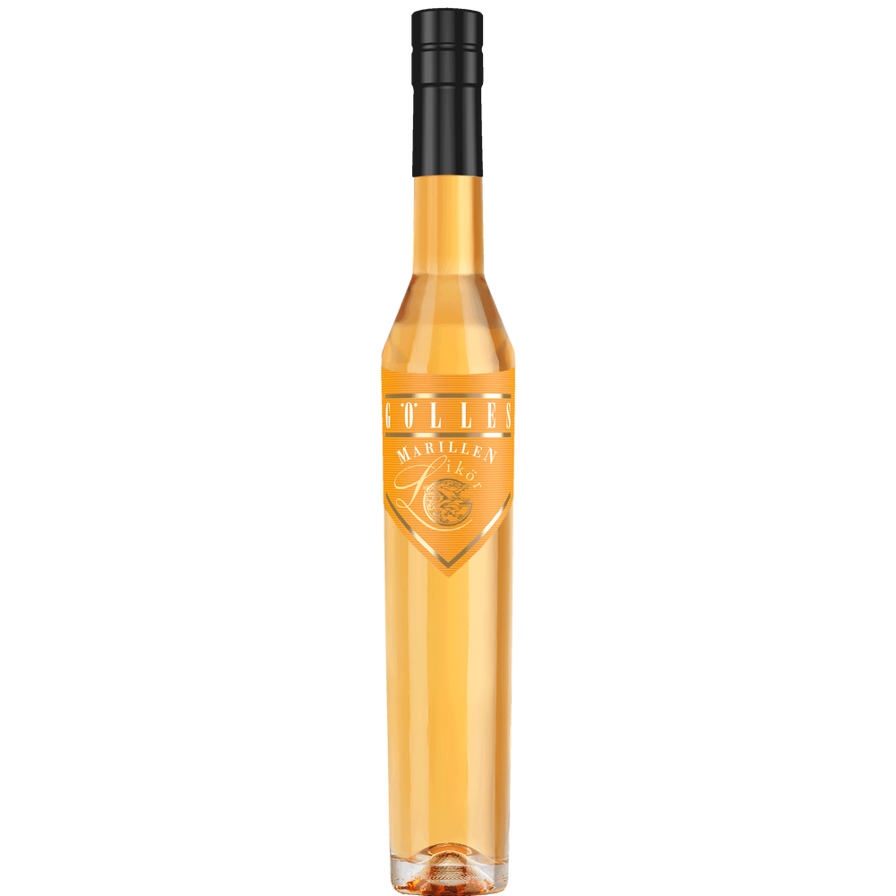 Gölles Marillen Likör, hell bernsteinfarben, in schlanker Flasche mit schwarzem Verschluss.