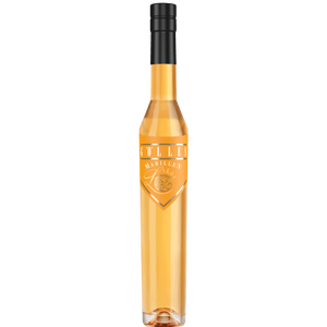 Gölles Marillen Likör, hell bernsteinfarben, in schlanker Flasche mit schwarzem Verschluss.