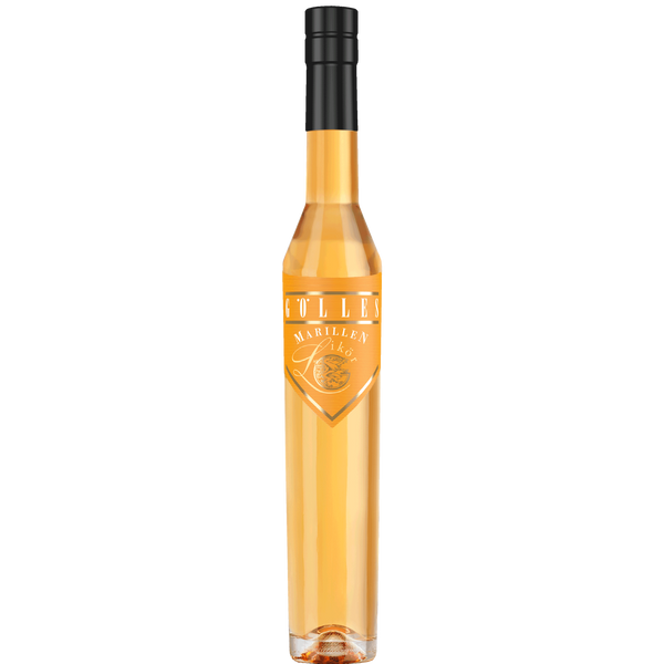 Gölles Marillen Likör, hell bernsteinfarben, in schlanker Flasche mit schwarzem Verschluss.