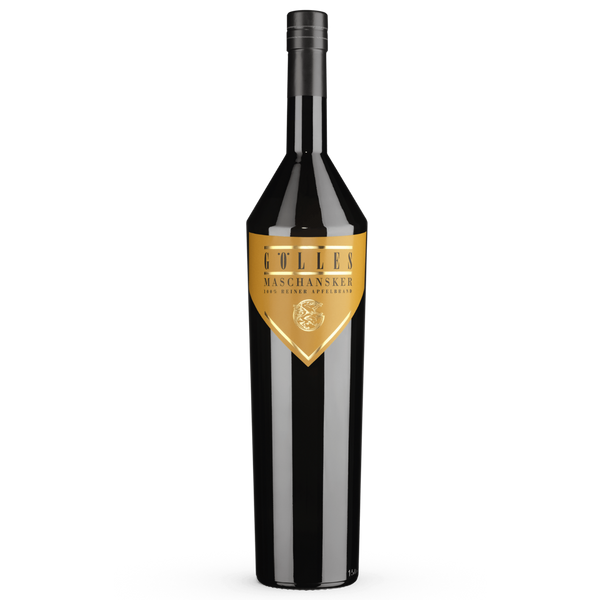 Gölles Apfelbrand Maschansker in schwarzer Flasche mit goldenem Dreiecksetikett und Apfelsymbol.