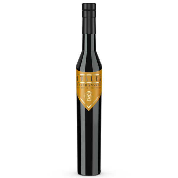 Gölles Apfelbrand Maschansker in schlanker schwarzer Flasche mit goldenem Etikett.