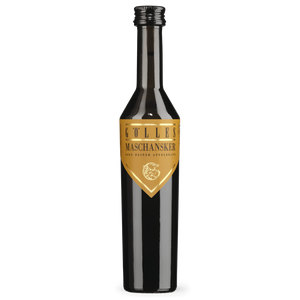 Gölles Apfelbrand Maschansker in schlanker schwarzer Flasche mit goldenem Etikett, 100% reiner Apfelbrand.