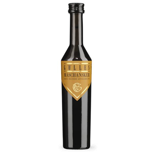Gölles Apfelbrand Maschansker in schlanker schwarzer Flasche mit goldenem Etikett, 100% reiner Apfelbrand.