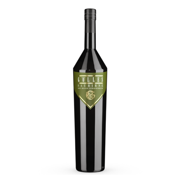 Gölles Birnenbrand Saubirne in dunkler Flasche mit grünem Dreiecksetikett und goldenem Emblem.