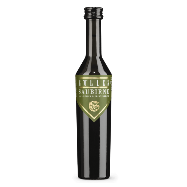 Gölles Birnenbrand Saubirne in dunkler Flasche mit grünem Etikett, weißer Schrift und goldenem Wappen.