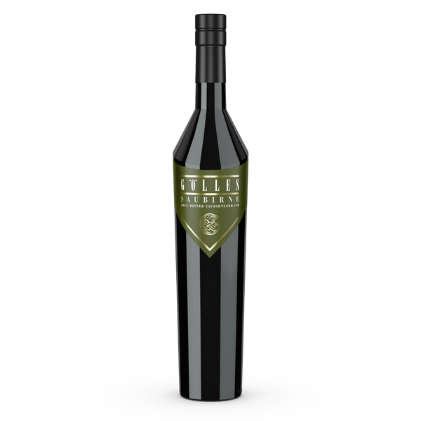 Gölles Birnenbrand Saubirne in schwarzer Flasche mit dunkelgrünem Etikett, 100% reiner Saubirnenbrand.
