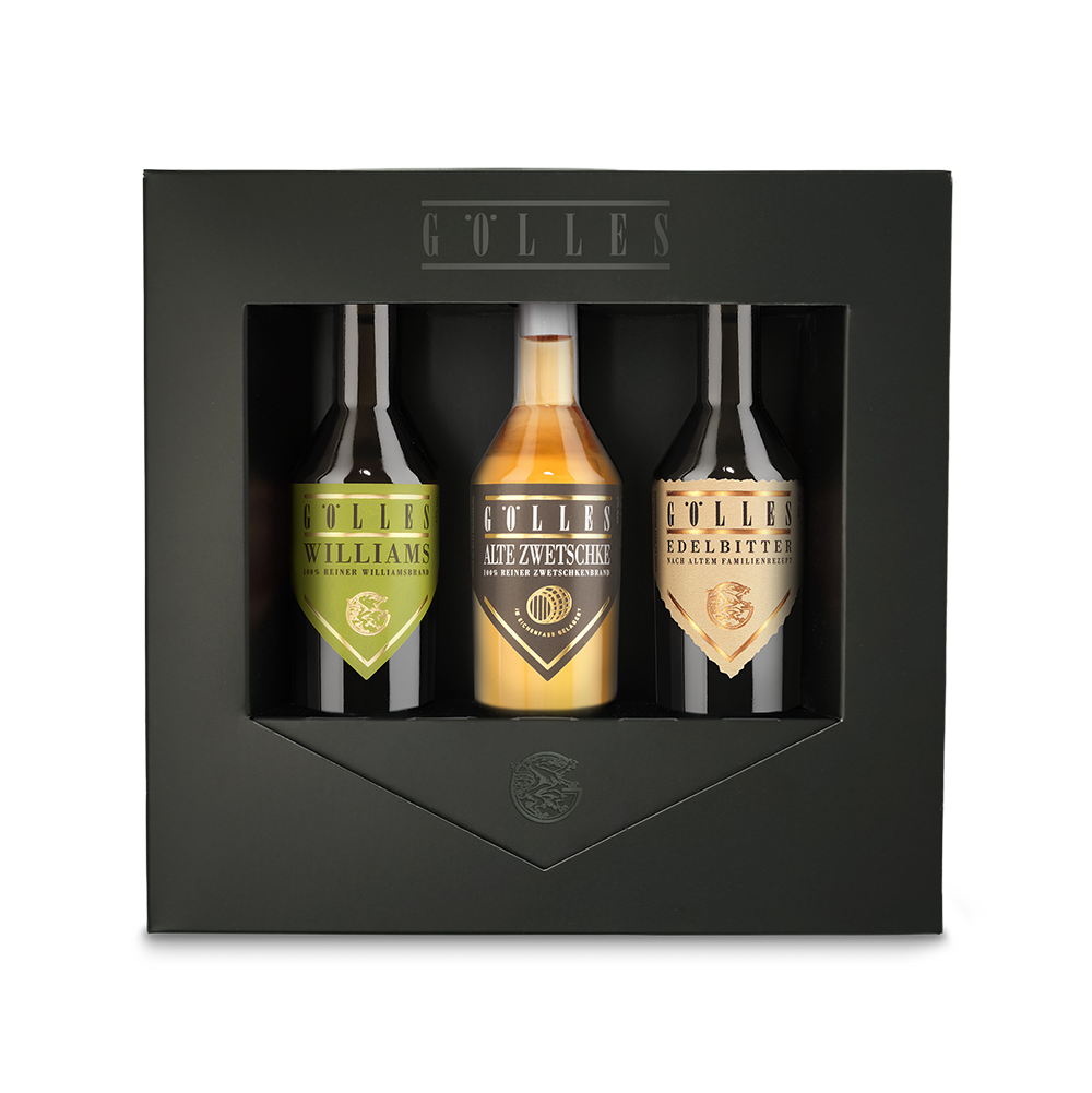 Trio Best of Gölles: Geschenkbox mit Alter Zwetschke, Edelbitter und Birnenbrand Williams.