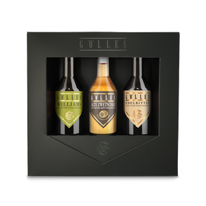 Trio Best of Gölles: Geschenkbox mit Alter Zwetschke, Edelbitter und Birnenbrand Williams.
