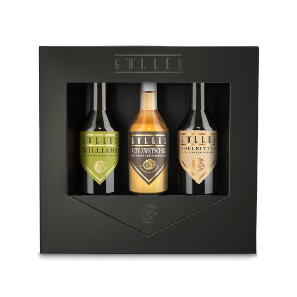 Trio Best of Gölles: Geschenkbox mit Alter Zwetschke, Edelbitter und Birnenbrand Williams.