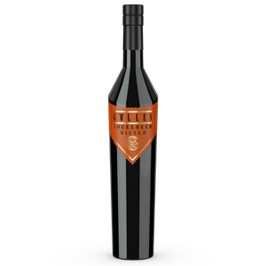 Gölles Vogelbeer Bitter in hoher schwarzer Flasche mit orangefarbenem Dreiecksetikett.