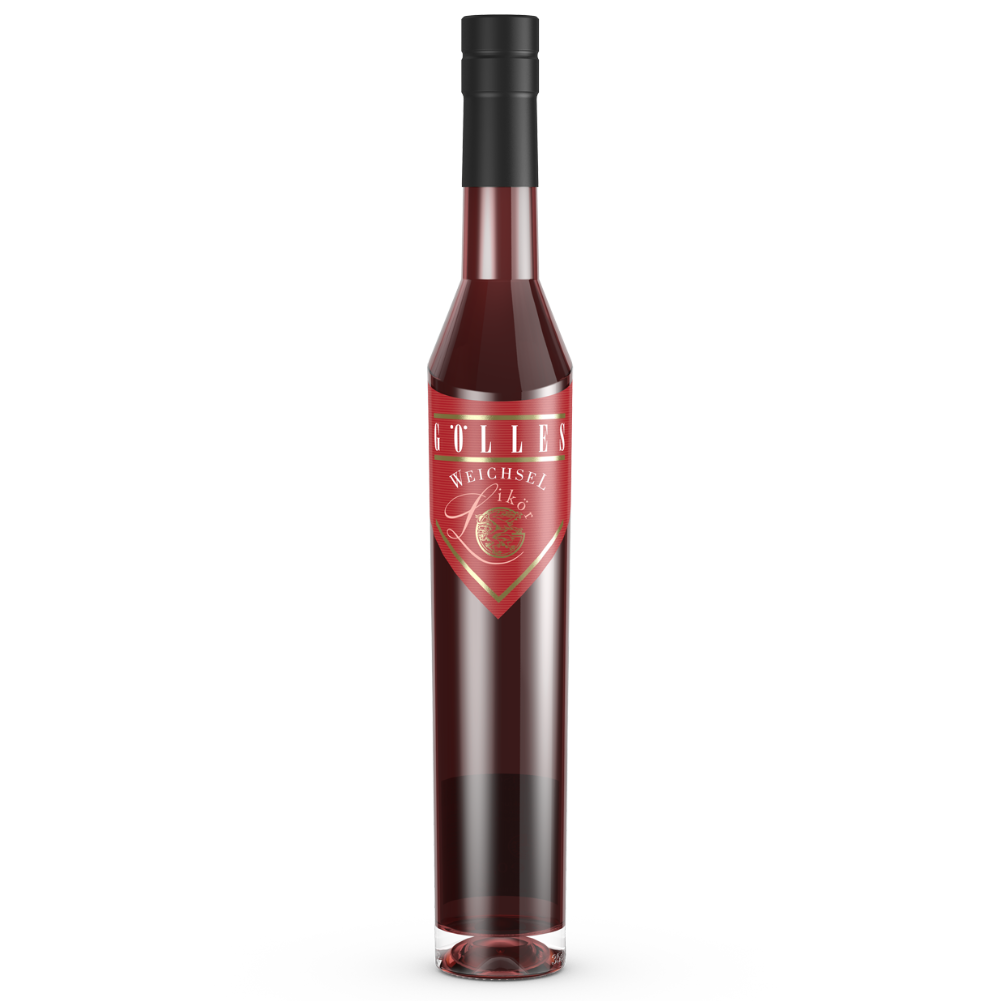 Gölles Weichsel Likör, rot, in schlanker Flasche mit goldener Schrift und rundem Emblem.