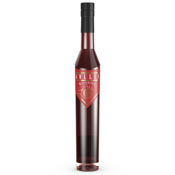 Gölles Weichsel Likör, rot, in schlanker Flasche mit goldener Schrift und rundem Emblem.