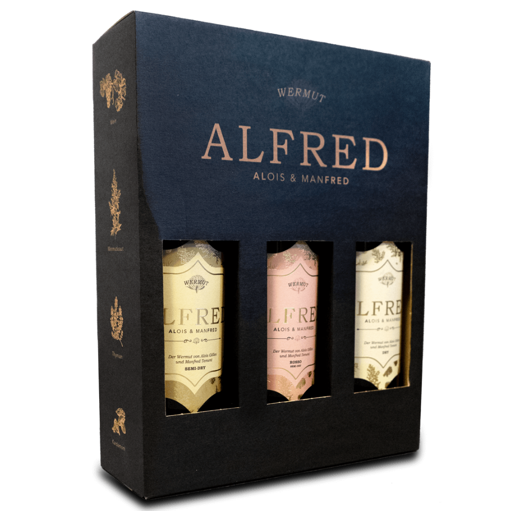 Gölles ALFRED Trio: drei Flaschen Wermut in schwarzer Geschenkbox mit Sichtfenstern.