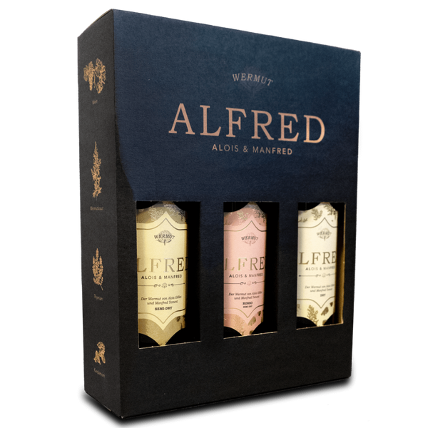 Gölles ALFRED Trio: drei Flaschen Wermut in schwarzer Geschenkbox mit Sichtfenstern.