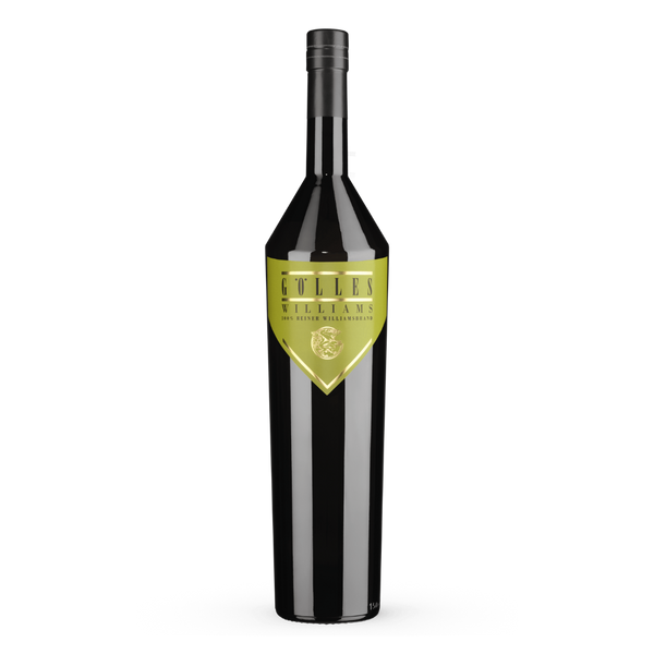 Gölles Birnenbrand Williams in hoher schwarzer Flasche mit spitz zulaufendem Etikett und Wappen.