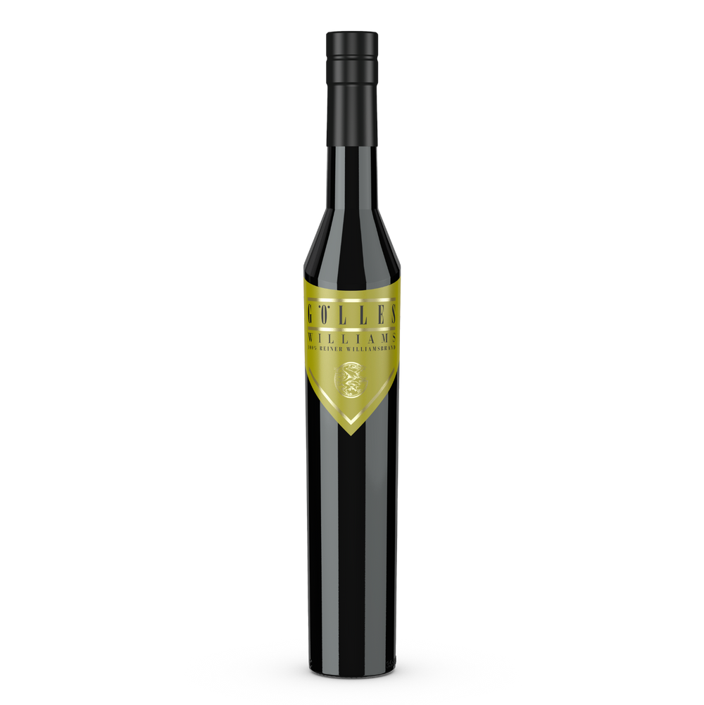 Gölles Birnenbrand Williams in dunkler Flasche mit goldenem Schildetikett und rundem Emblem.