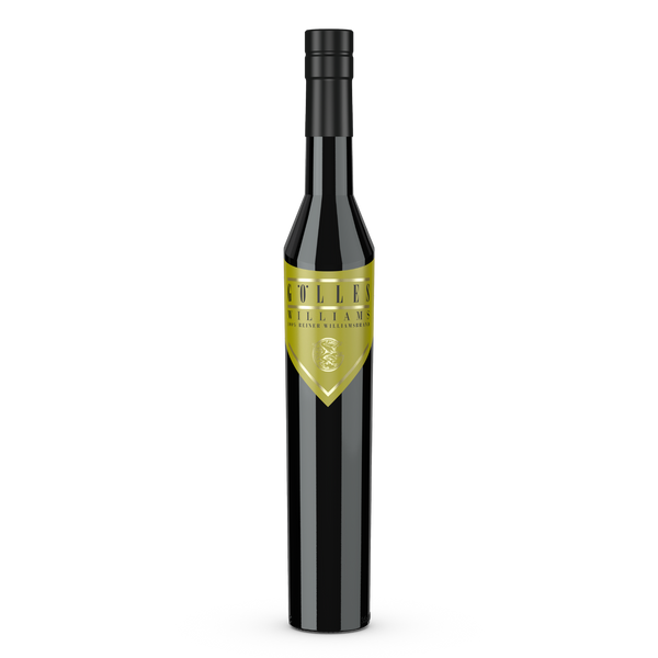 Gölles Birnenbrand Williams in dunkler Flasche mit goldenem Schildetikett und rundem Emblem.