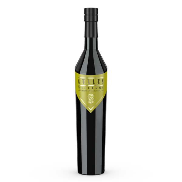 Gölles Birnenbrand Williams in schwarzer Flasche mit gelbem Dreiecksetikett und Wappen.