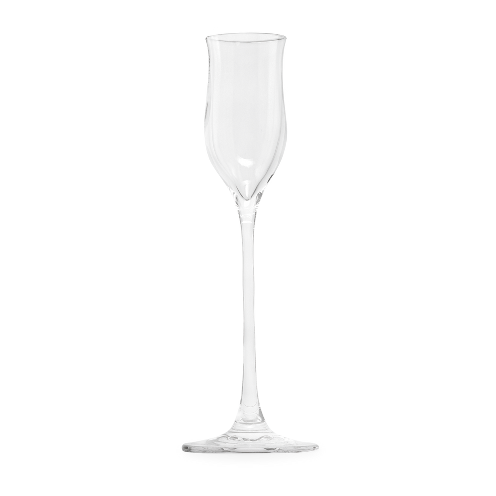 Gölles Edelbrandglas, klar, mit langem schlankem Stiel und tulpenförmigem Kelch.