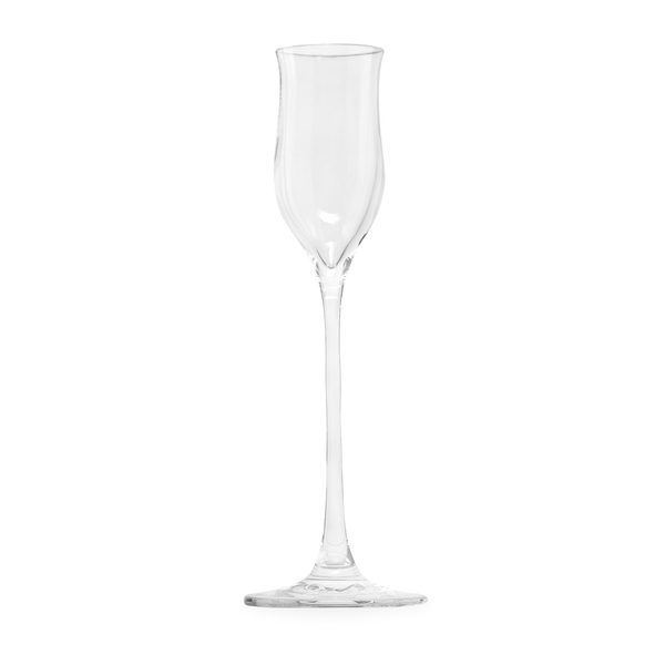 Gölles Edelbrandglas, klar, mit langem schlankem Stiel und tulpenförmigem Kelch.