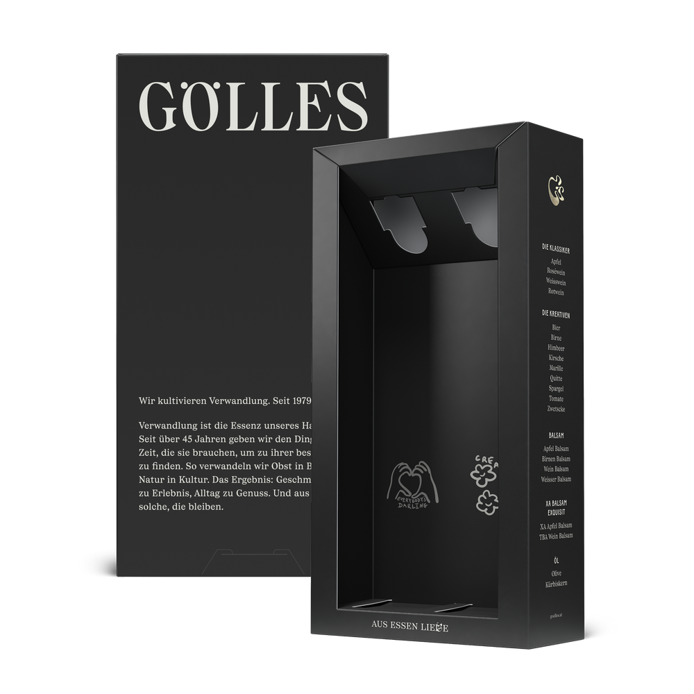 Gölles Duo Balsam: zwei Flaschen Balsamessig neben schwarzer Geschenkbox.