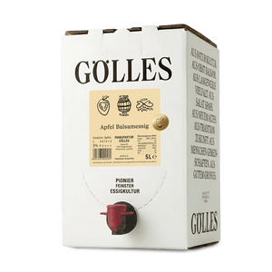 Gölles Apfel Balsamessig im 5-Liter-Karton mit rotem Zapfhahn.