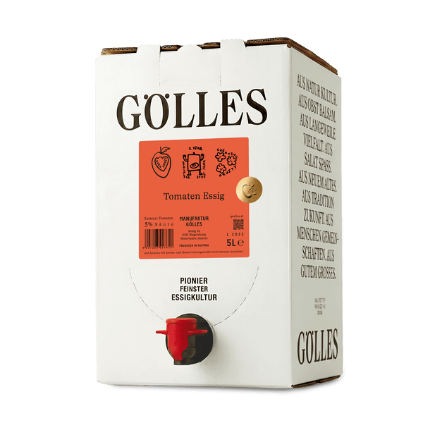 Gölles Tomaten Essig im weißen Karton mit rotem Zapfhahn und Produktinformationen.