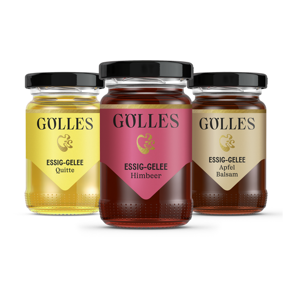 Gölles Essiggelee Trio: drei Gläser Quitte, Himbeer und Apfel Balsam mit schwarzen Deckeln.