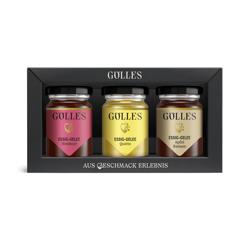 Gölles Essiggelee Trio: Himbeer, Quitte und Apfel Balsam in schwarzem Geschenkset.